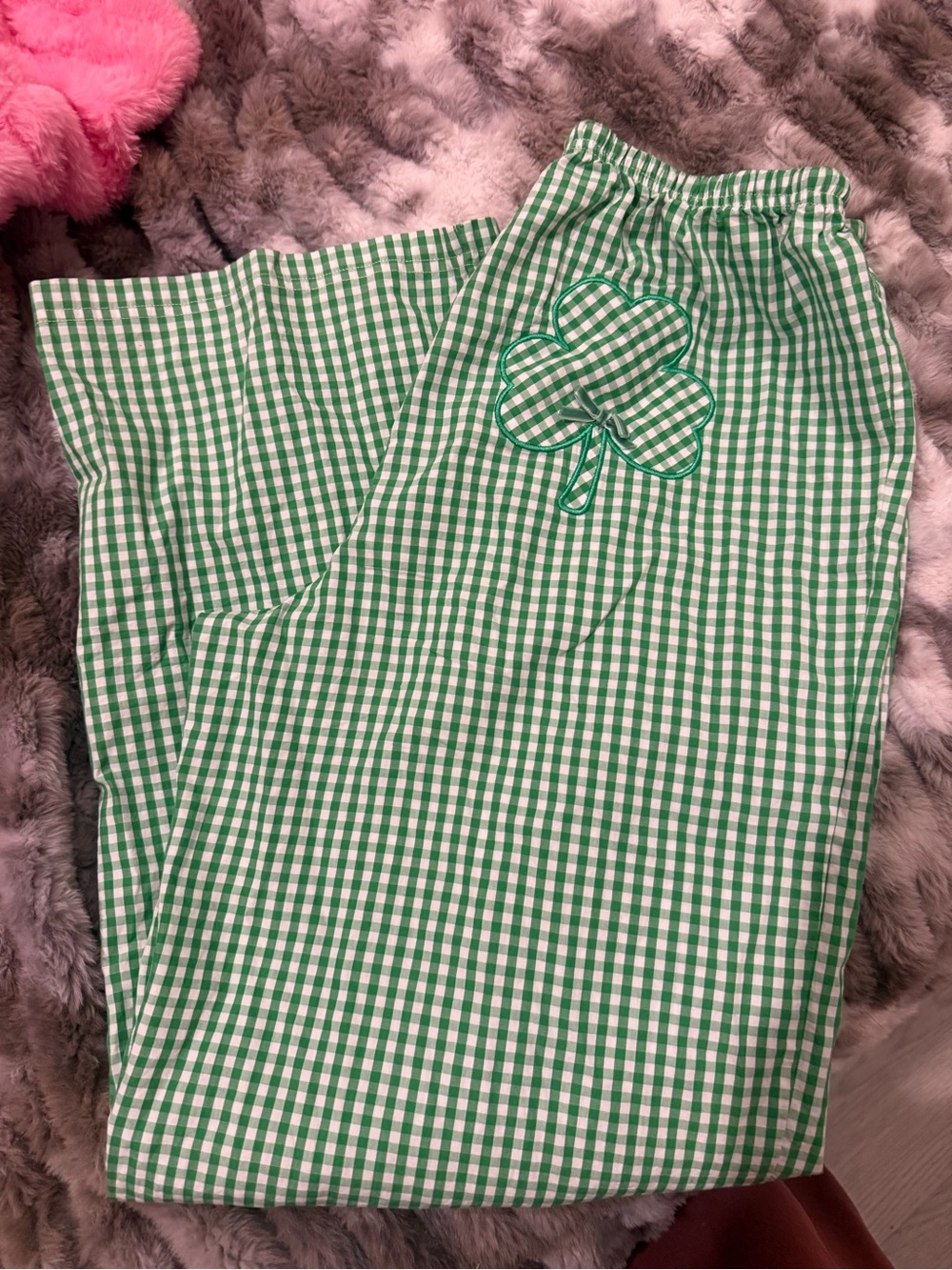 Green Gingham Kids Pajama Pants with Clover Applique